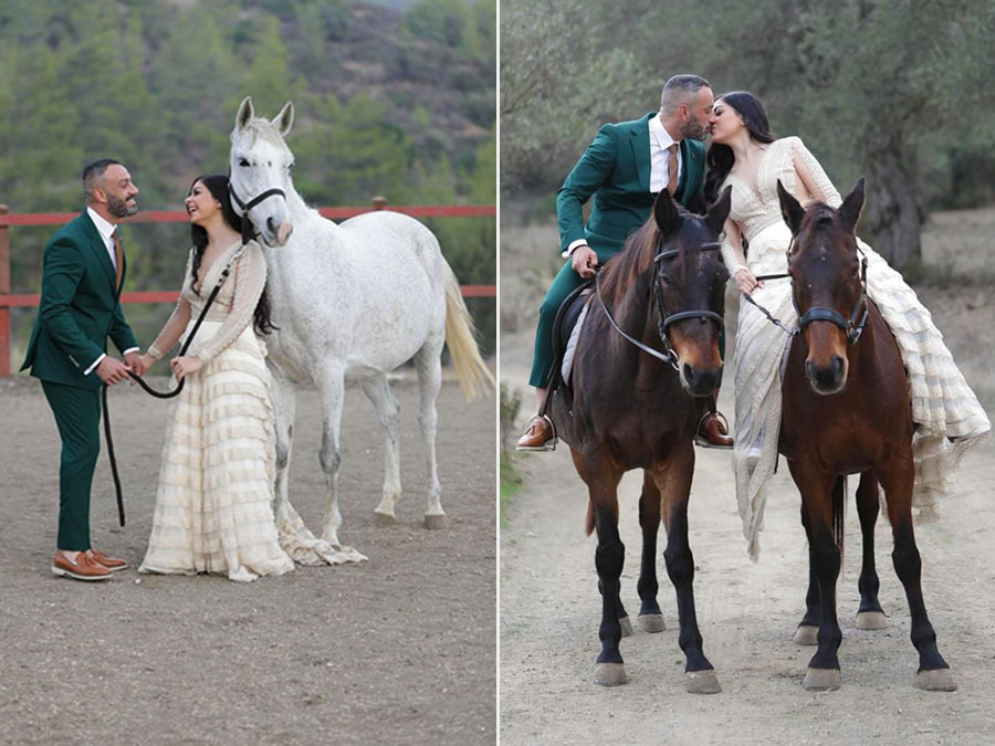 Fun and romantic photos of the wedding couple with horses