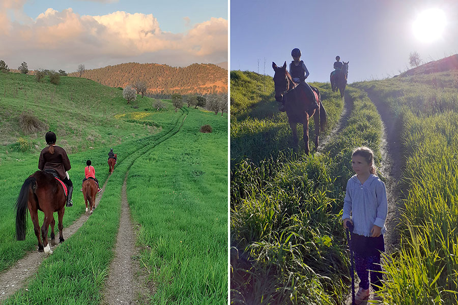 Two photo of people riding horses on the trails